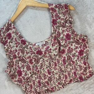 Patrons of Peace‎ Women's Smocked Floral Paisley Crop Top Ruffle Sleeve M